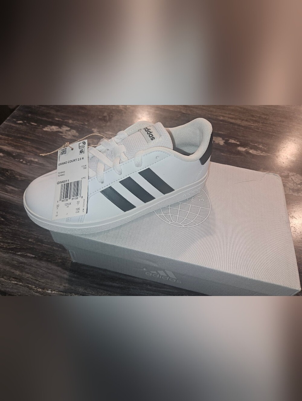Size 1 adidas Kids White Sneakers with Black Stripes